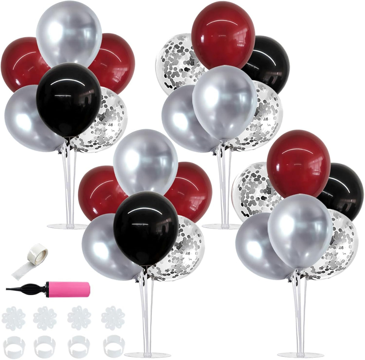 TONIFUL 4 Set Burgundy Red Black Silver Balloon Stand Centerpiece Table Decorations for Graduation