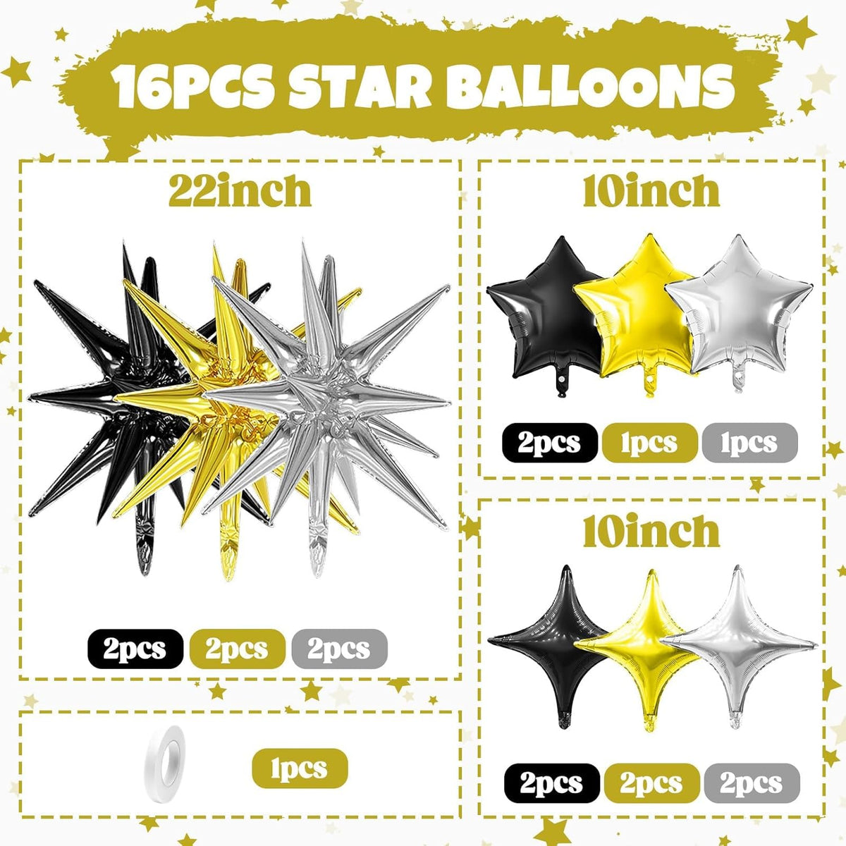 Black Gold Silver Star Balloon,16Pcs Star Foil Balloons Set with 22Inch Explosion Spike Cone