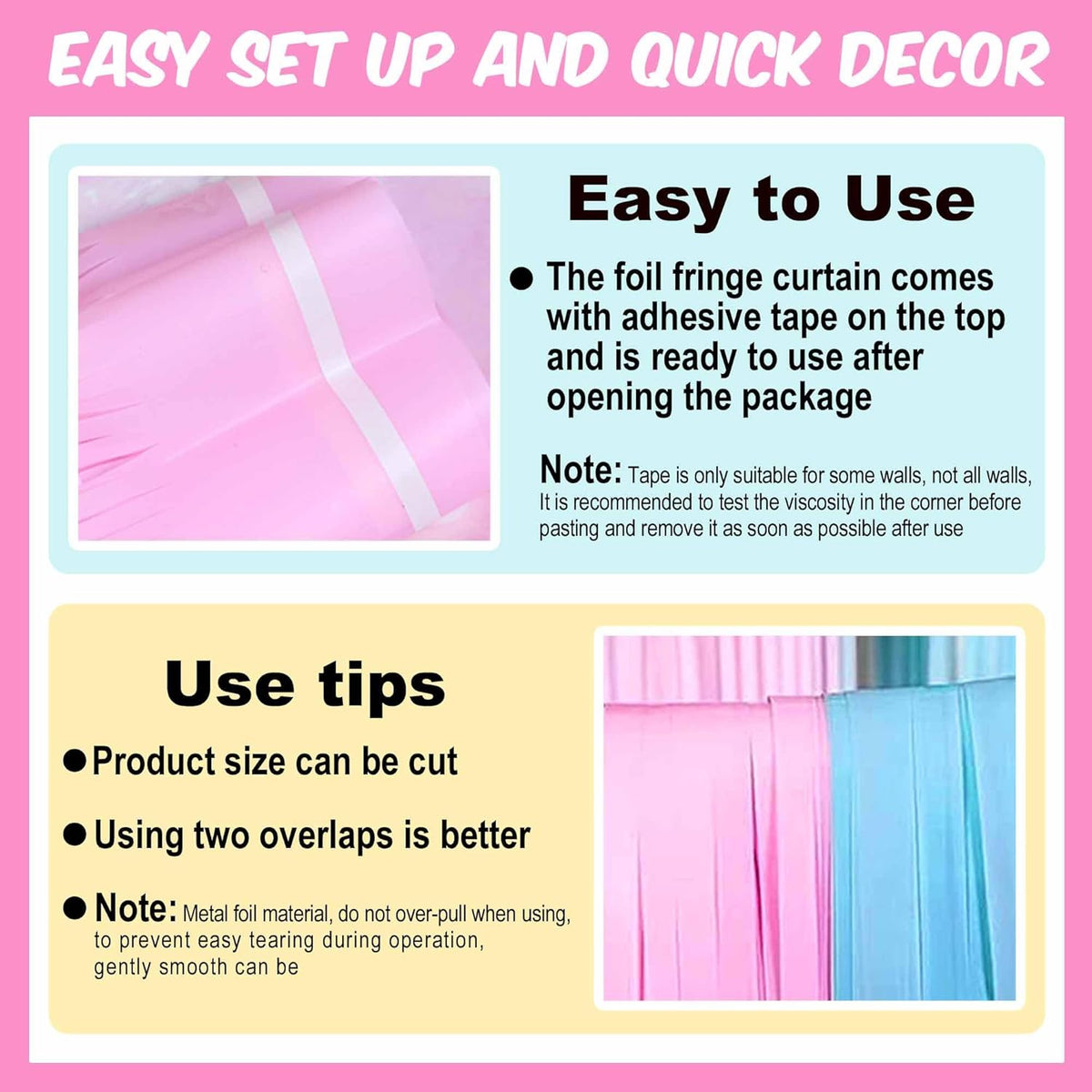 6 Pack Macaron Pink Blue Foil Fringe Curtains Backdrop, 3.28 x 8.2 Ft Metallic Streamers Tinsel