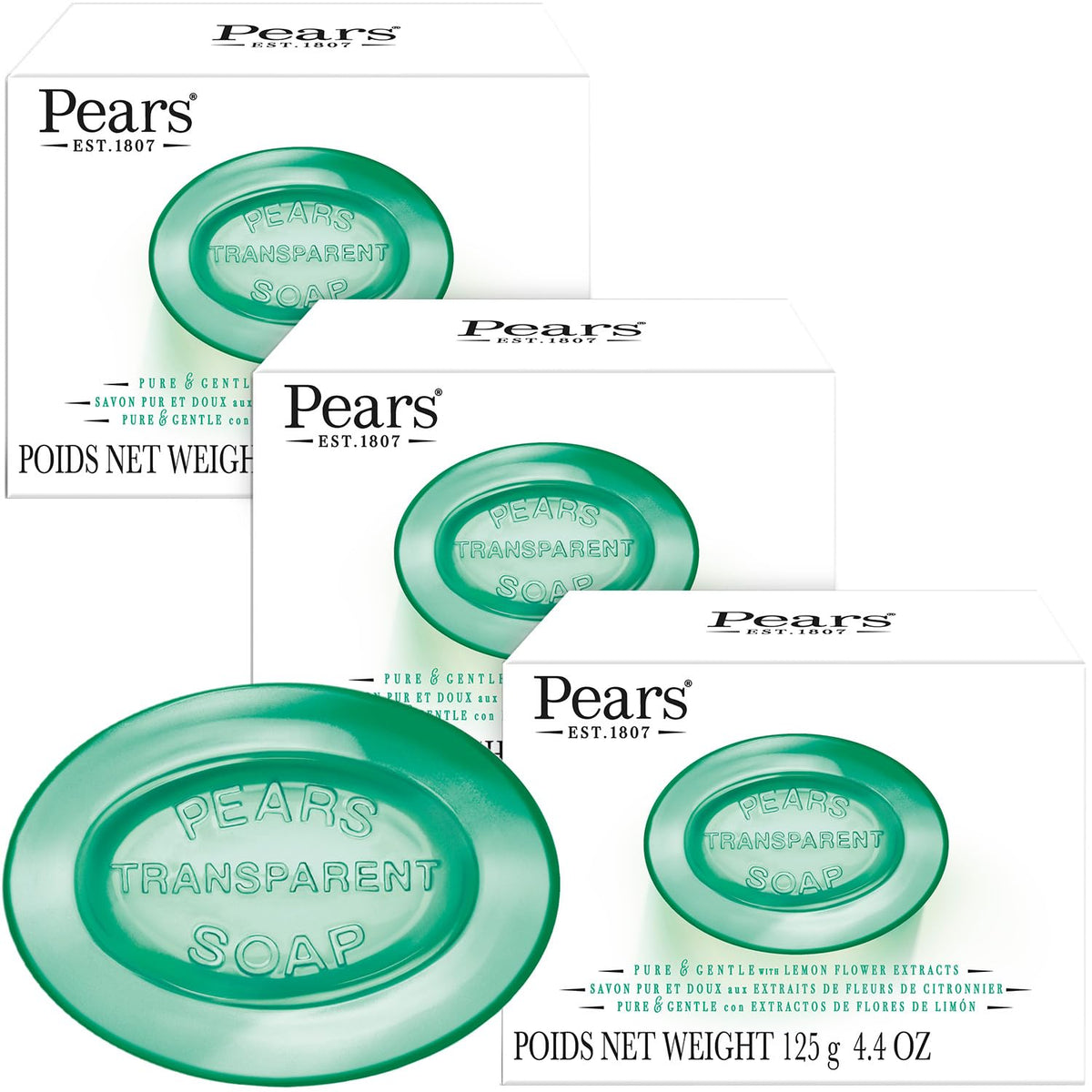 Pears Soap, Pure & Gentle with Lemon Flower Extracts, 3-Pack – Transparent Green Glycerin Soap for