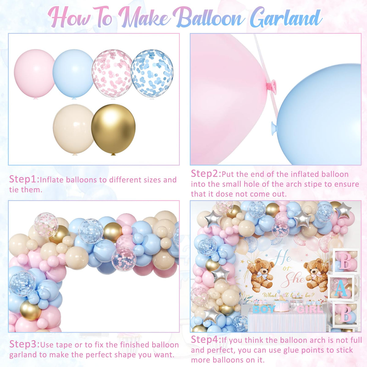 Bear Gender Reveal Decorations - 158pcs Pink Blue Balloon Garland Kit, 4pcs Baby Boxes With
