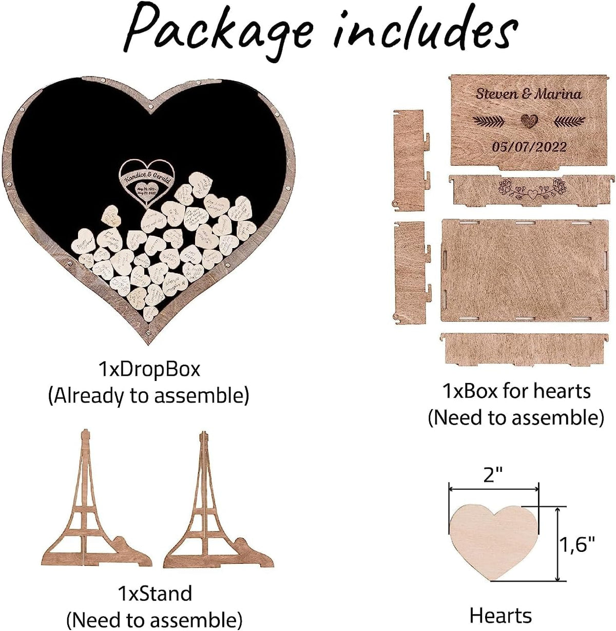 Rustic Personalized Wedding Guest Book: Heart Drop Design, Heart, Circle & Rectangle Frames.