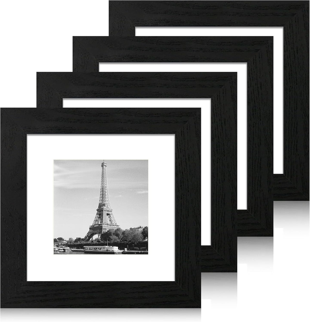 6x6 Picture Frame Set of 4 with High Definition Glass, Black Frames Display 4x4 Picture with Mat or
