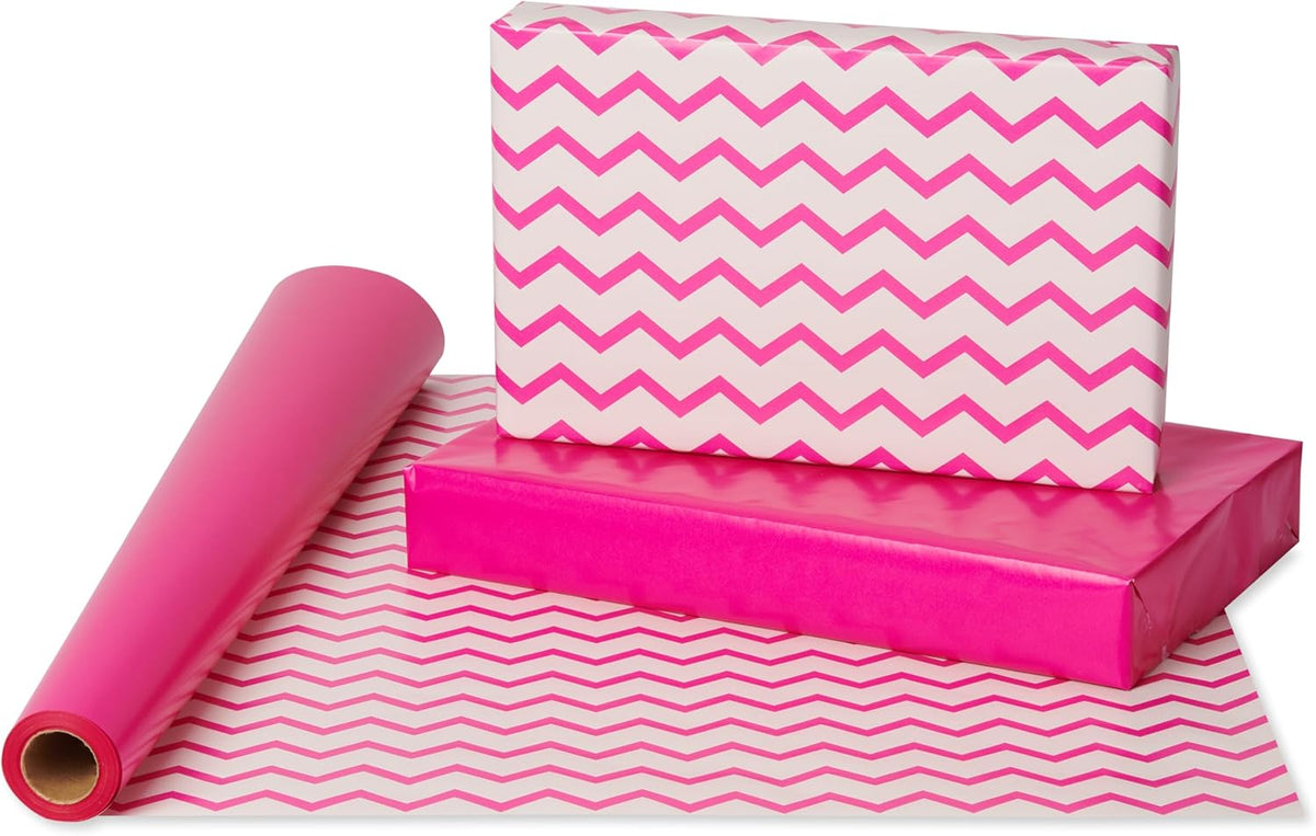 American Greetings Reversible Wrapping Paper Jumbo Roll for All Occasions, Pink and Chevron (1