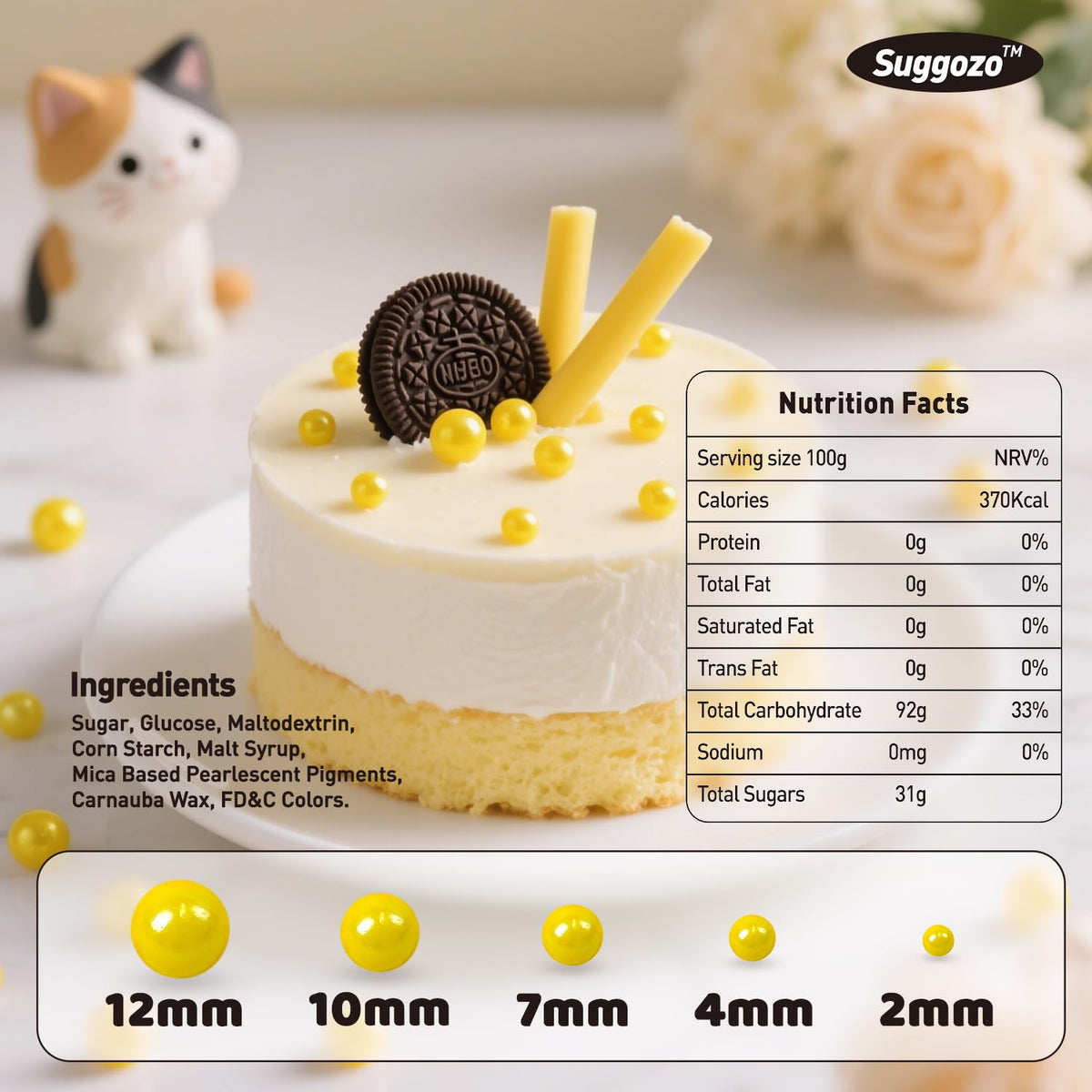 Yellow Pearl Sprinkles, Edible Sugar Pearls for Cake Decorating, 180g/6.35oz, Mix Size, Cake