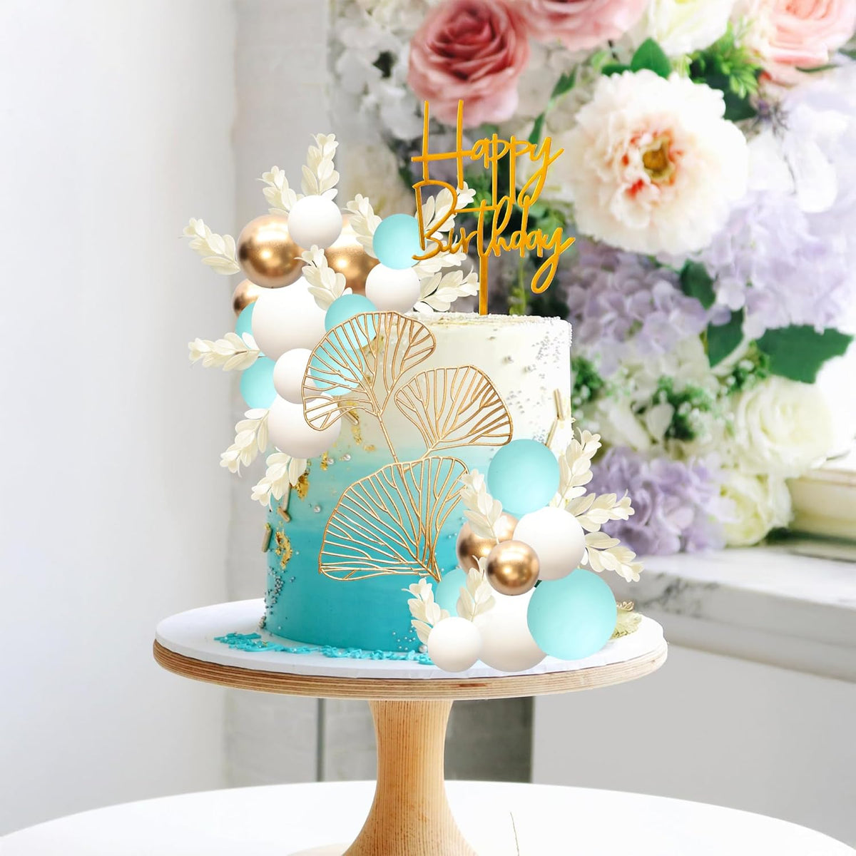 Gyufise 57Pcs Balls Cake Topper Boho Grass Cake topper Pearl Balls Acrylic Happy Birthday Cake