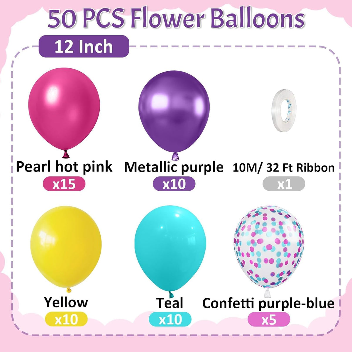 Paready Pink Blue Purple Balloons, 50 PCS Rainbow Party Balloons, 12 Inch Hot Pink Teal Blue