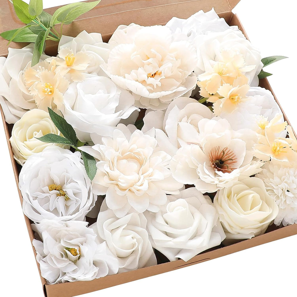 Floroom Cream White Artificial Flowers Ivory Fake Roses Peonies Dahlias and Greenery Combo Box Set
