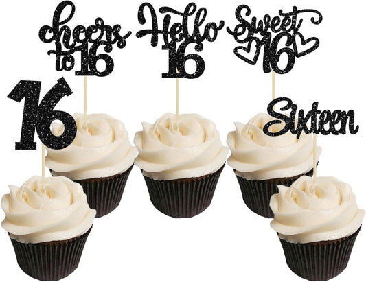 30pcs 16th Birthday Cupcake Toppers - Sixteen Happy Cupcake Picks, Cheers to 16 Sweet 16 Cake