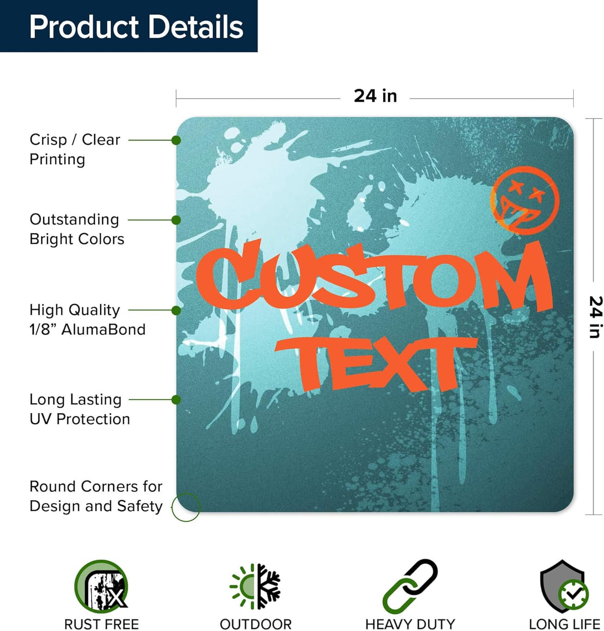 Custom Sign, Custom Street Sign, 11 Font Colors, 13 Font Styles, 4 Hole Options, 22 Sizes, 24x24