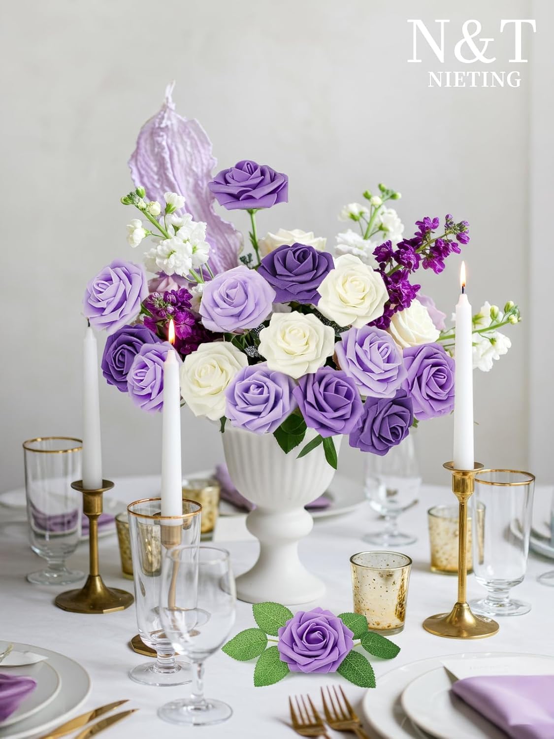 N&T NIETING Artificial Flowers, 25pcs Fake Flowers Rose with Stems Perfect for DIY Wedding