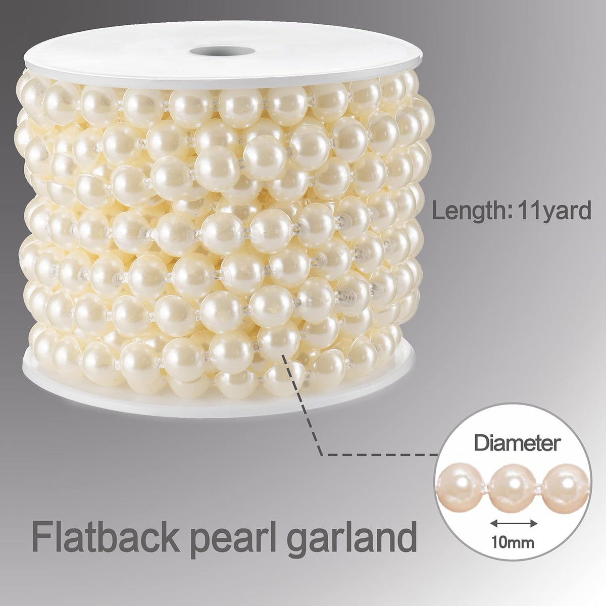 Half-Round Pearl Bead Garland String 11 Yards, 10MM Flat Pearl Beaded Spool Roll Crafts for Wedding