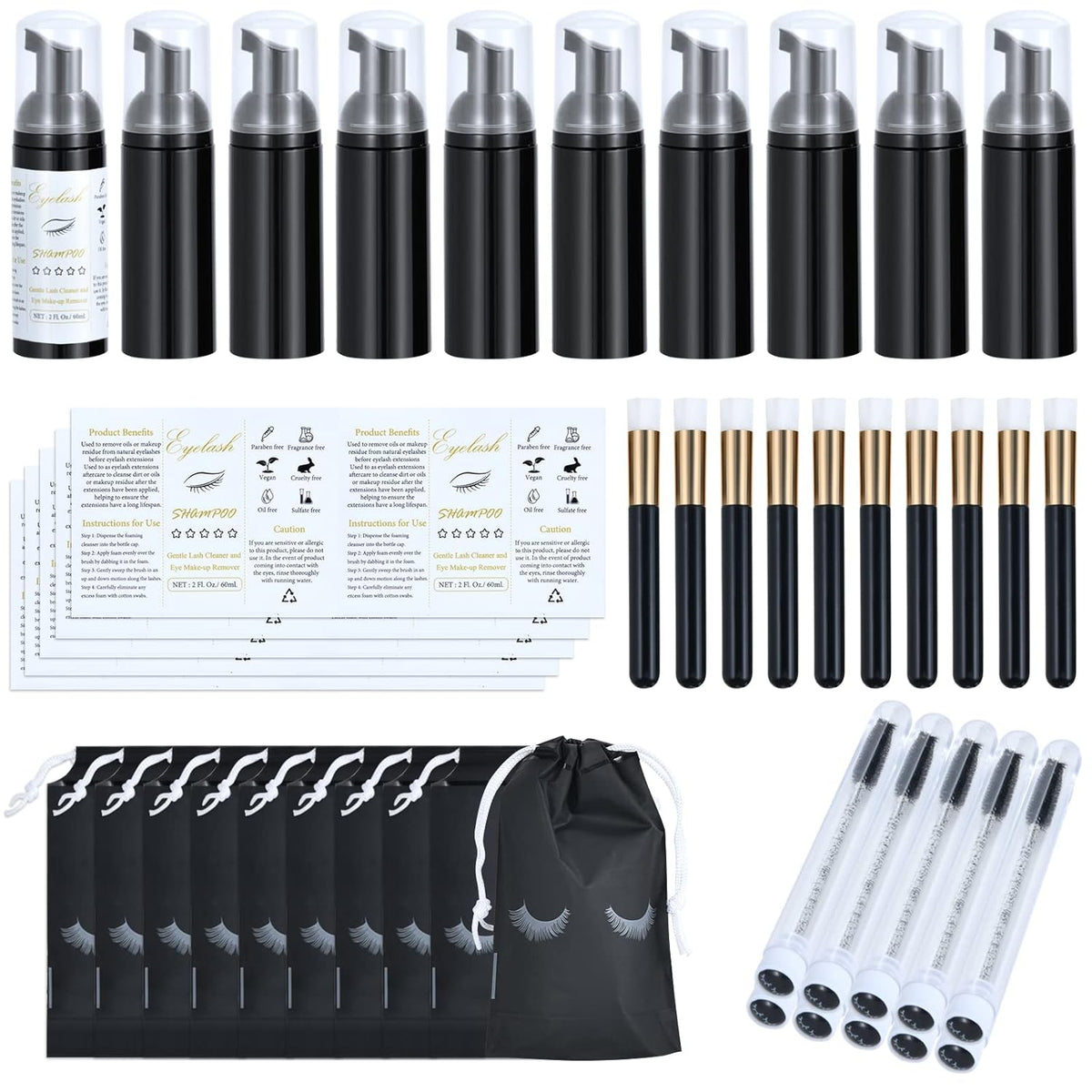 50 Pcs Lash Shampoo Bottle Brushes Set 10 Empty Foam Pump Dispensers 10 Label Stickers 10 Mascara