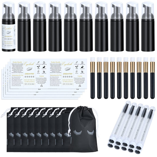 50 Pcs Lash Shampoo Bottle Brushes Set 10 Empty Foam Pump Dispensers 10 Label Stickers 10 Mascara