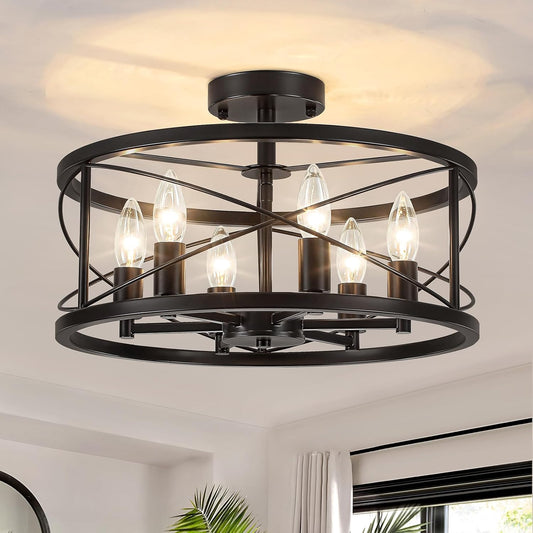 6-Light Black Semi Flush Mount Ceiling Light, 16.54'' Modern Farmhouse Close to Ceiling Light