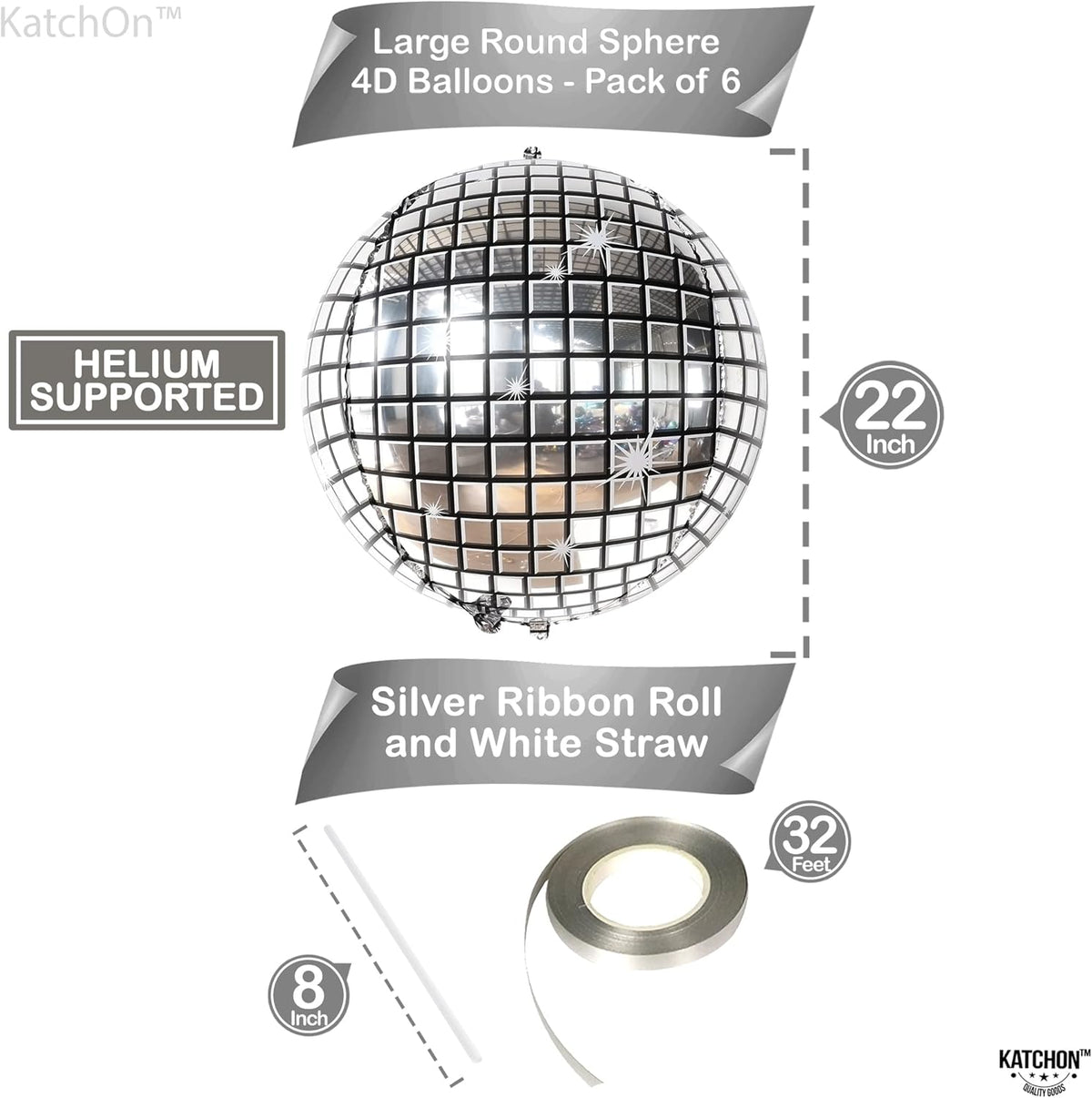 KatchOn, Big Silver Disco Ball Balloons - 22 Inch, Pack of 6 Disco Party Decorations | 4D Sphere