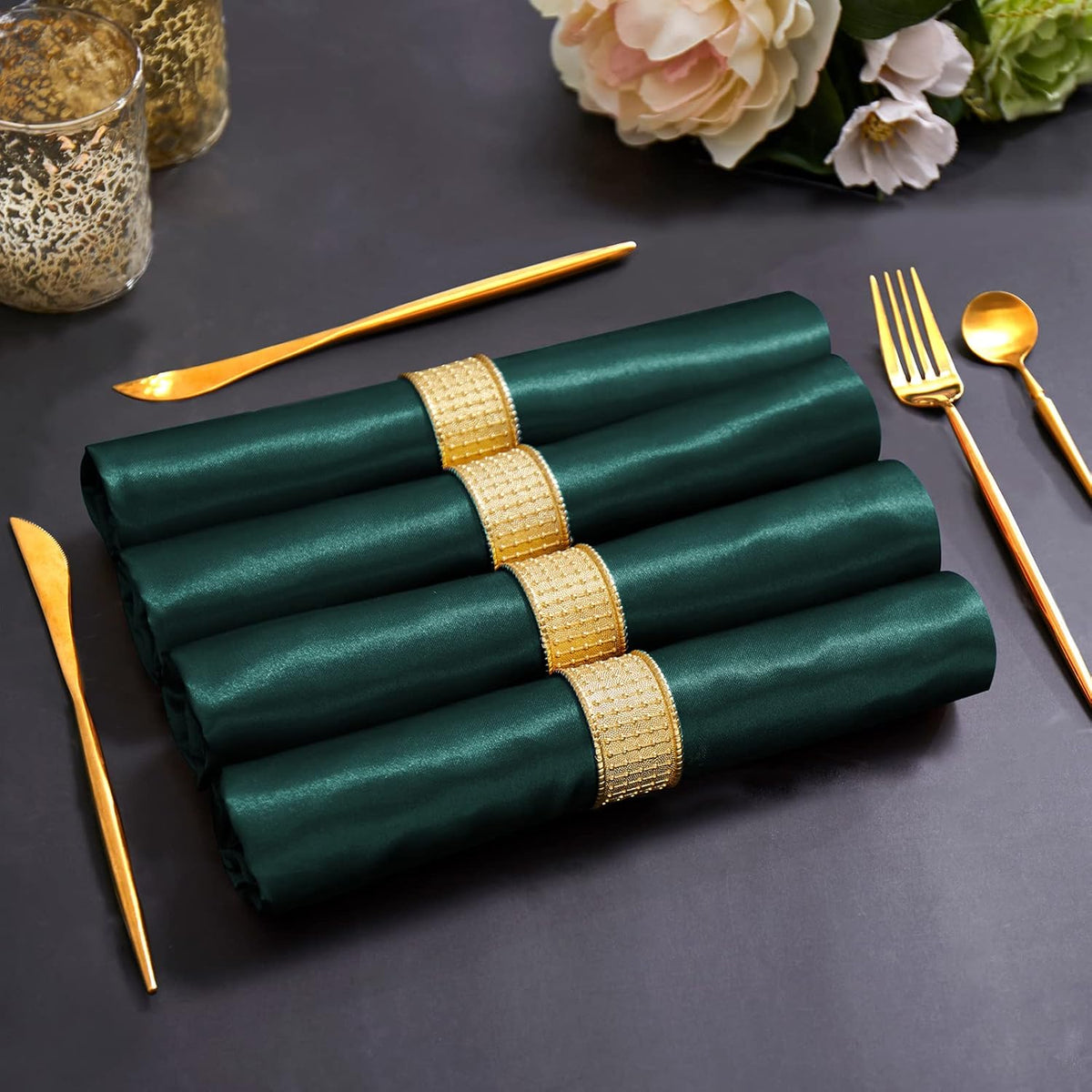Horbaunal 16 Pack Forest Green Satin Napkins 17 x 17 Inch, Square Soft Table Dinner Napkins, Silky
