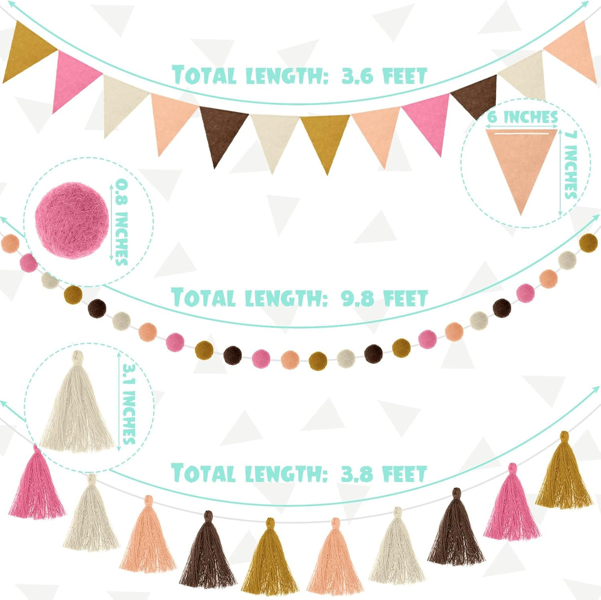 Irenare 9.8 ft Pom Pom Garland Felt Colorful Tassel Banner Christmas Party Pompoms Garland