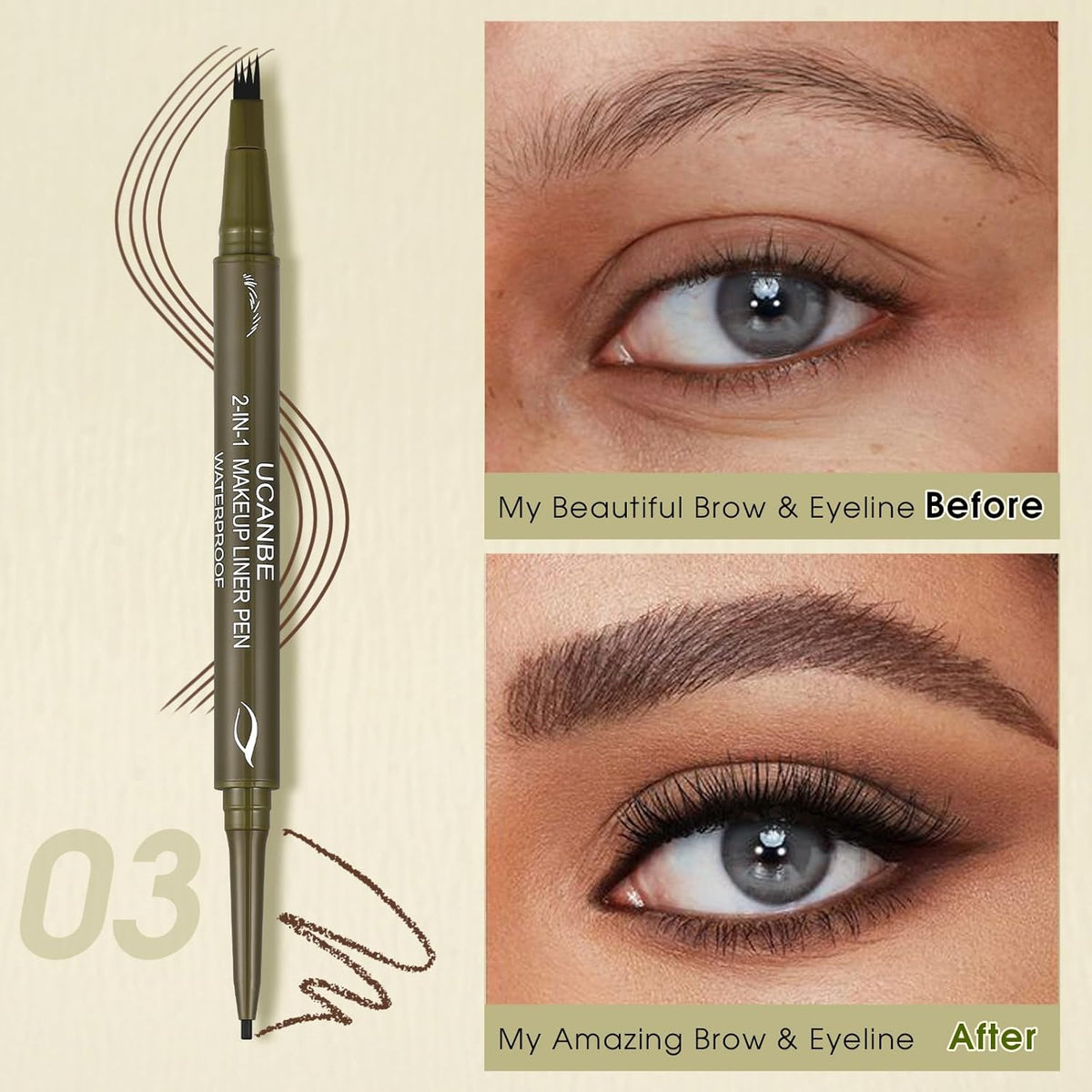 UCANBE Eyebrow Pen, Dual-Ended Eyebrow Pencil with 4-Fork-Tip & Gel Eyeliner for Women, Eye Brow