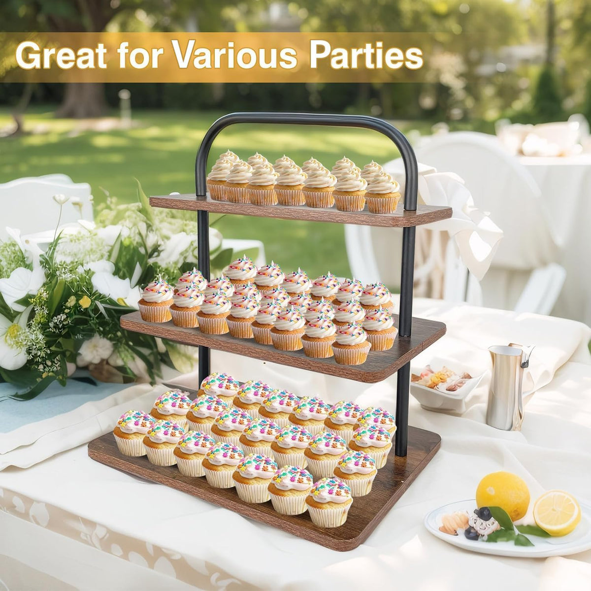 Cupcake Stand, 3 Tier Large Cupcake Stand for 50 Cupcakes Rustic Cupcake Display Stand Square Wood