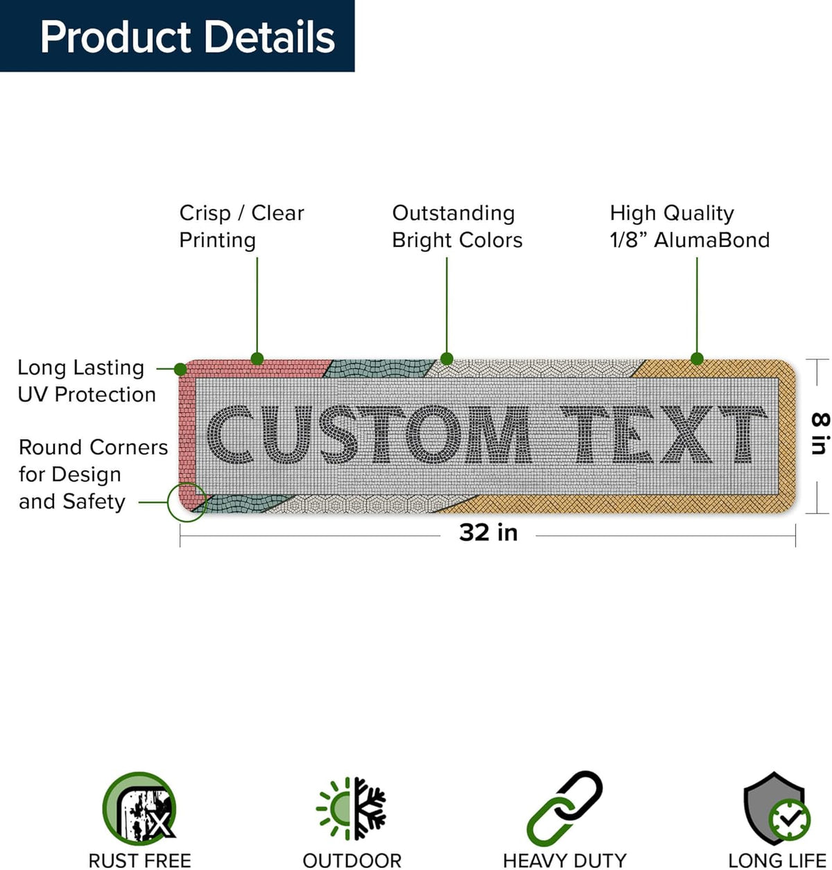 Custom Sign, Custom Street Sign, 11 Font Colors, 13 Font Styles, 4 Hole Options, 22 Sizes, 8x32