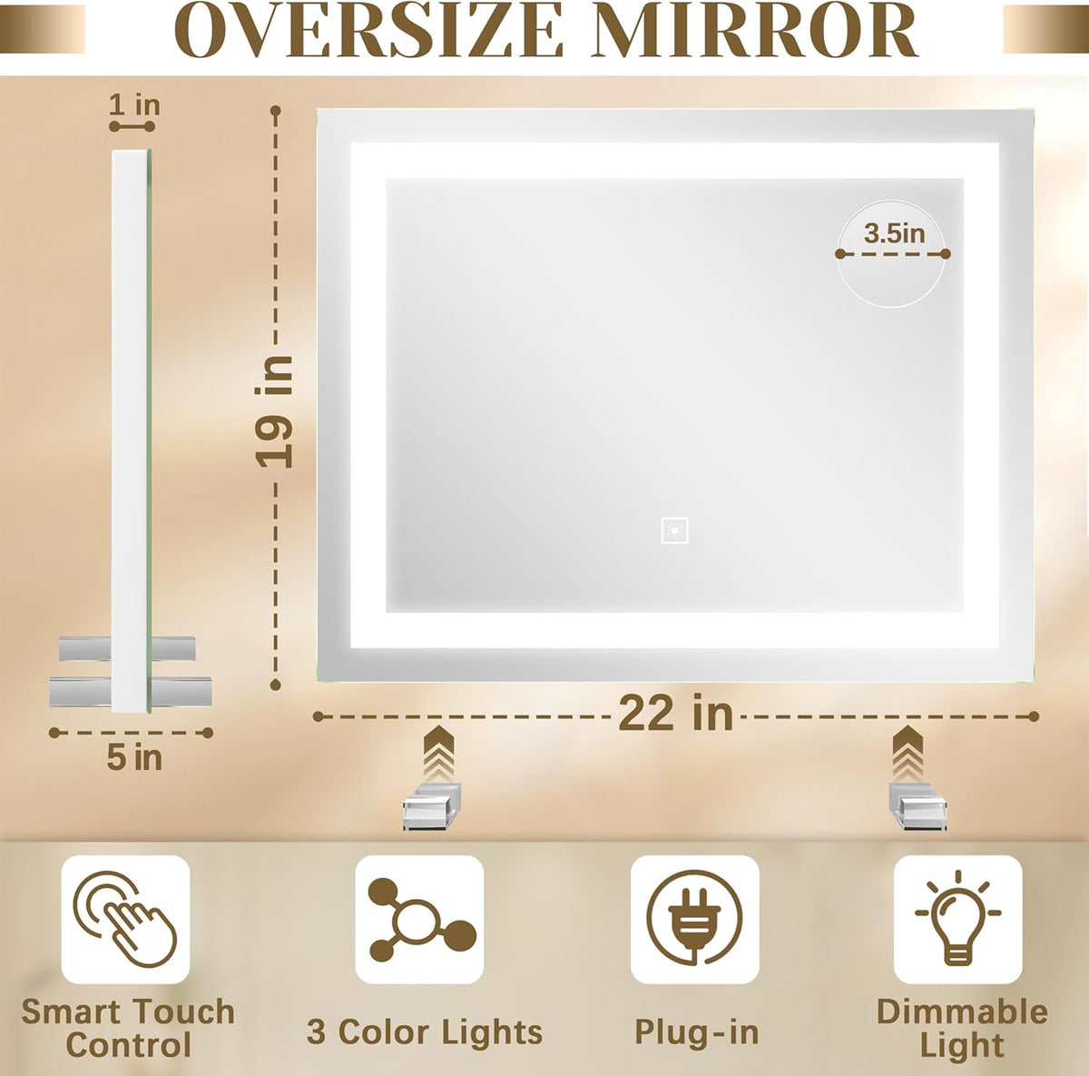 22x20 Inch Lighted Vanity Mirror, 3-Mode Touch Dimming LED Lighting, Large Makeup Mirror for