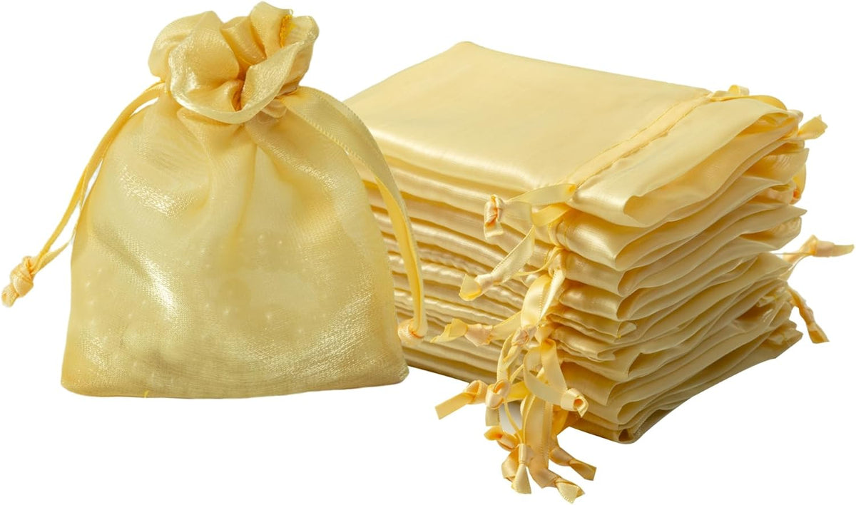 QIANF 20 Pcs Gold Small Organza Bags 3X4 inch for Wedding Favors with Drawstring, Mini Mesh Gift
