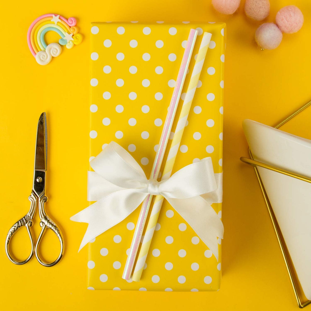 WRAPAHOLIC Reversible Wrapping Paper - Mini Roll - 17 Inch X 33 Feet - Yellow and Polka Dot Design