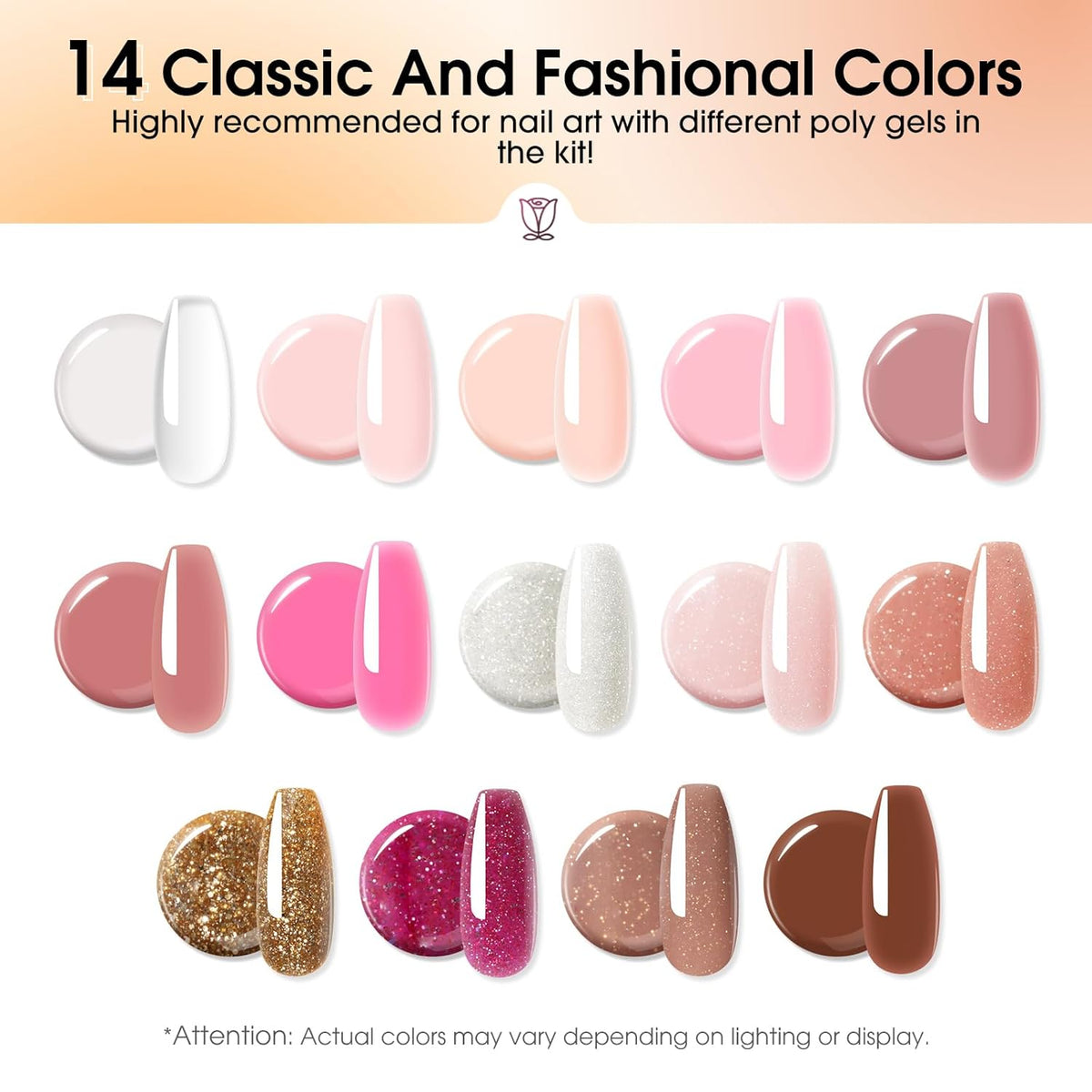 Poly Nail Gel Starter Kit -14 Colors + 75 Nail Art Accessories Kit,ROSALIND Clear Pink Nude Glitter