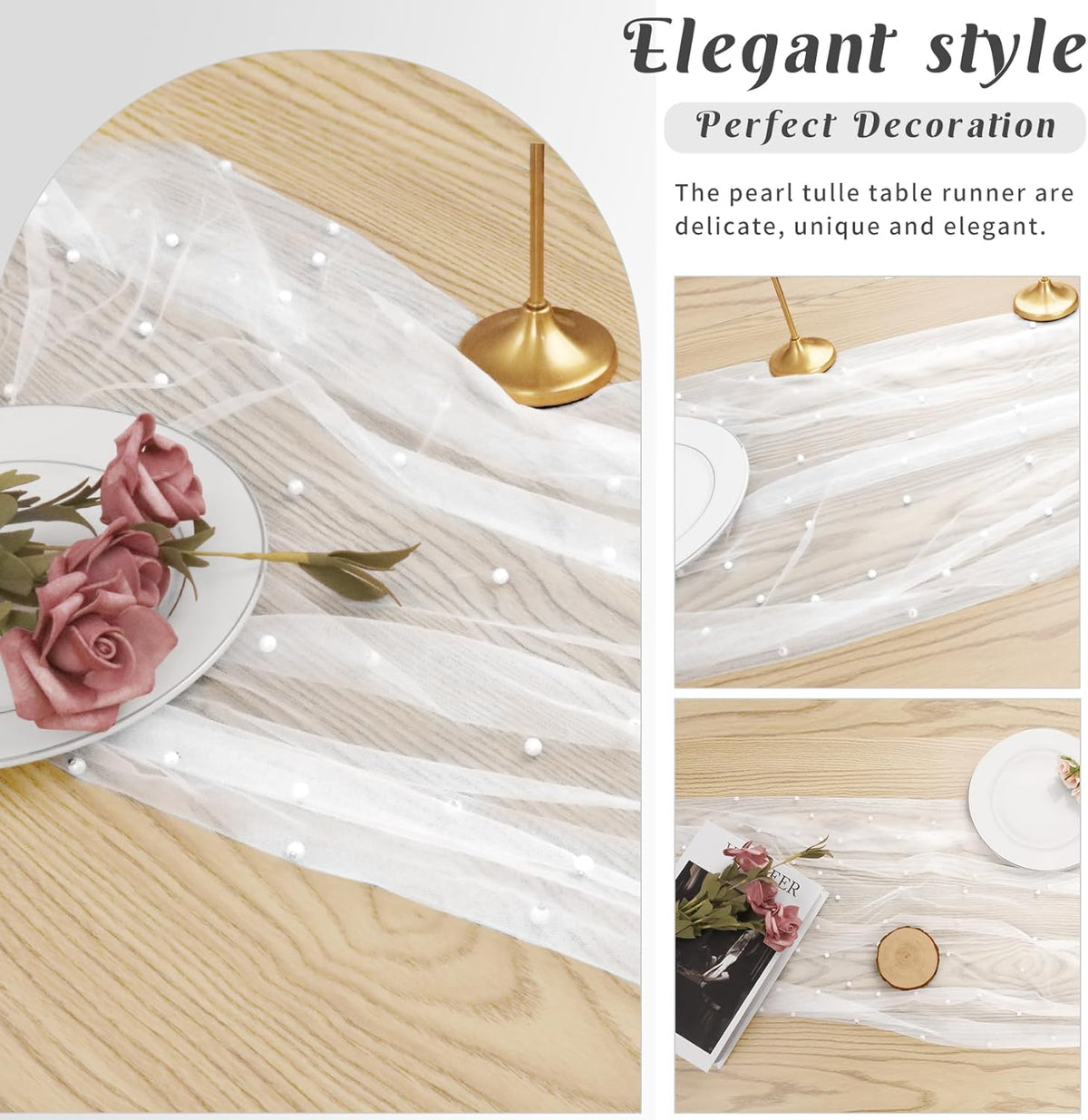 Pearl Table Runner 29 x 120 Inch Tulle Fabric Lace Table Runners Boho Rustic Tablecloth for Bridal