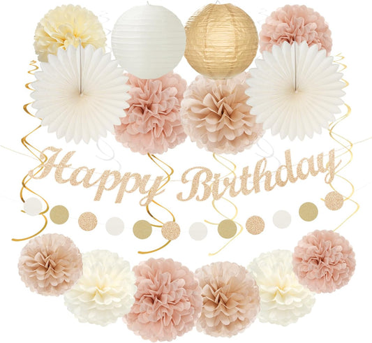 Champagne-Gold Beige 16 Happy Birthday Party-Decorations - 22pcs 21st Women Girls Paper Lanterns