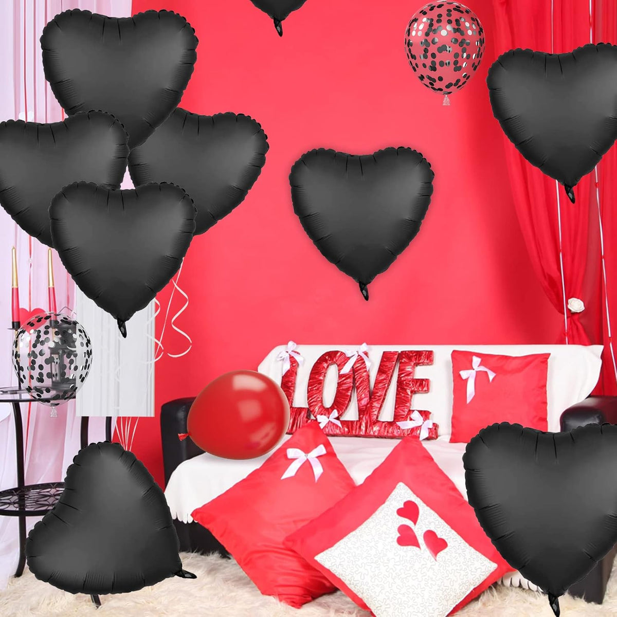 Foil Heart Balloons - 10 Black Heart Shaped Balloons, 18inch Metallic Foil for Valentines Day