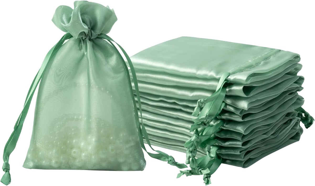 QIANF 20 Pcs Sage Green Small Organza Bags 4X6 inch for Wedding Favors with Drawstring, Mini Mesh