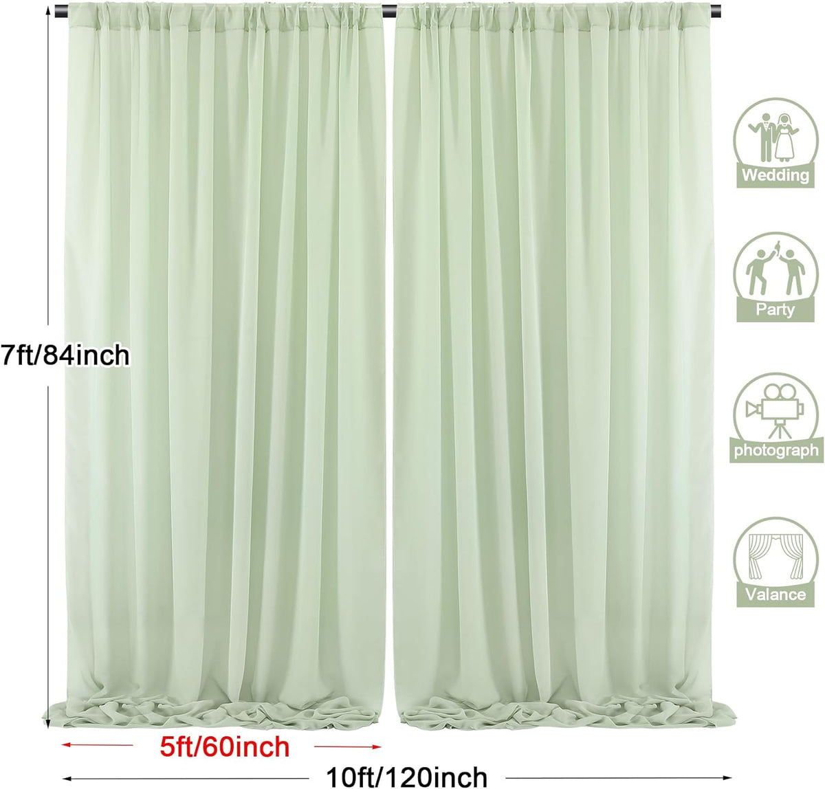 PARTISKY 10x7ft Sage Green Chiffon Backdrop Curtains, Wrinkle-Free Sheer Fabric Photo Drapes for