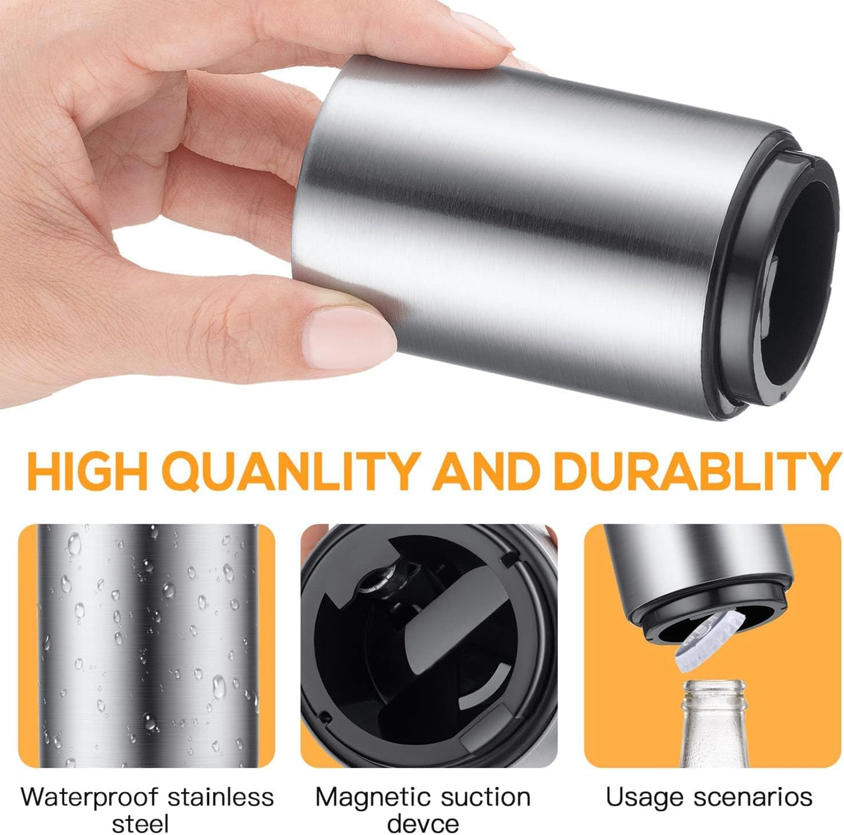 6 Pack Premium Beer Bottle Opener (Silver), Automatic Bottle Openers, Stainless Steel Push Down
