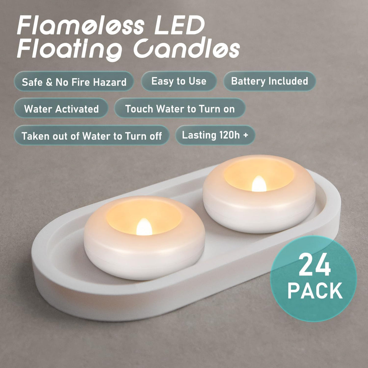 24 Pack 3”Floating Candles Water-Activated Flameless LED Candle, 120 Hour White Battery Operate