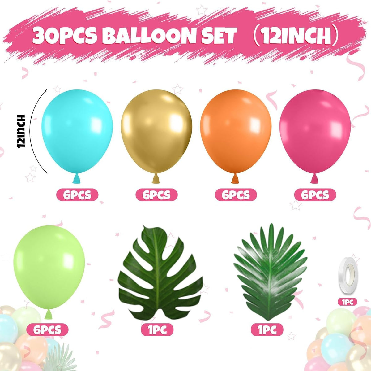 Tropical Balloons, 12 Inch Teal Metallic Gold Orange Pink Hot Fruit Green Balloons with Palm Leaves