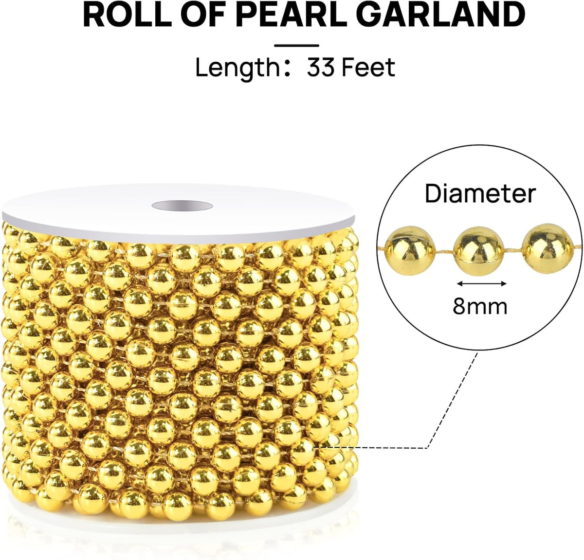 Craft String Pearls 8MM Pearl Bead, 33 Feet Gold Faux Pearl Garland Spool Roll Strand Wedding Party