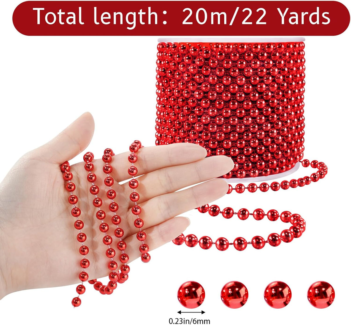 Faux Red Pearl Beads Garland - 6mm Christmas Tree Beads 22 Yards Red Pearl Strands Spool Pearl