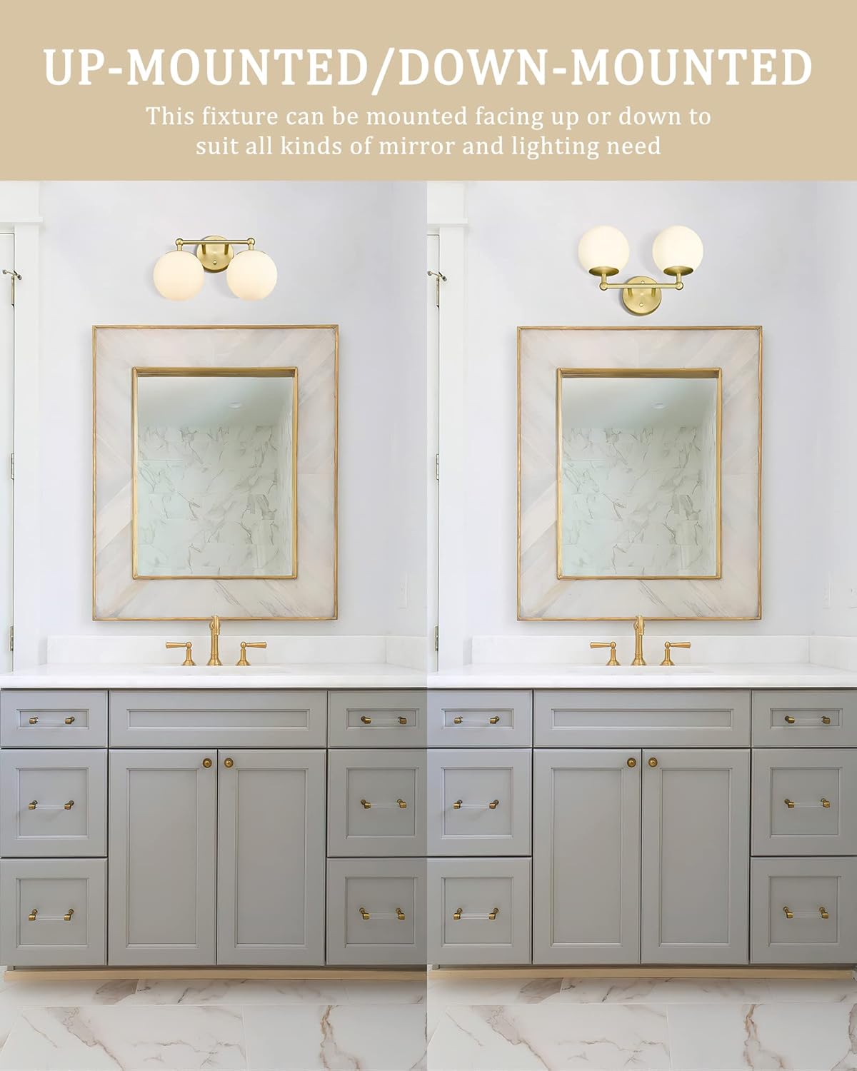 Gold Bathroom Light Fixtures, 2-Light Vanity Lights Over Mirror Wall Sconce with White Etched Glass