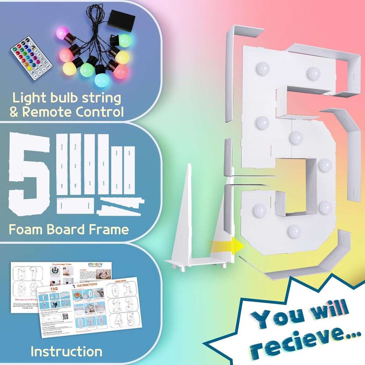imprsv 3FT Colorful Marquee Numbers,18 Colors Number 5 with Remote, Light Up Numbers Sign for 1st