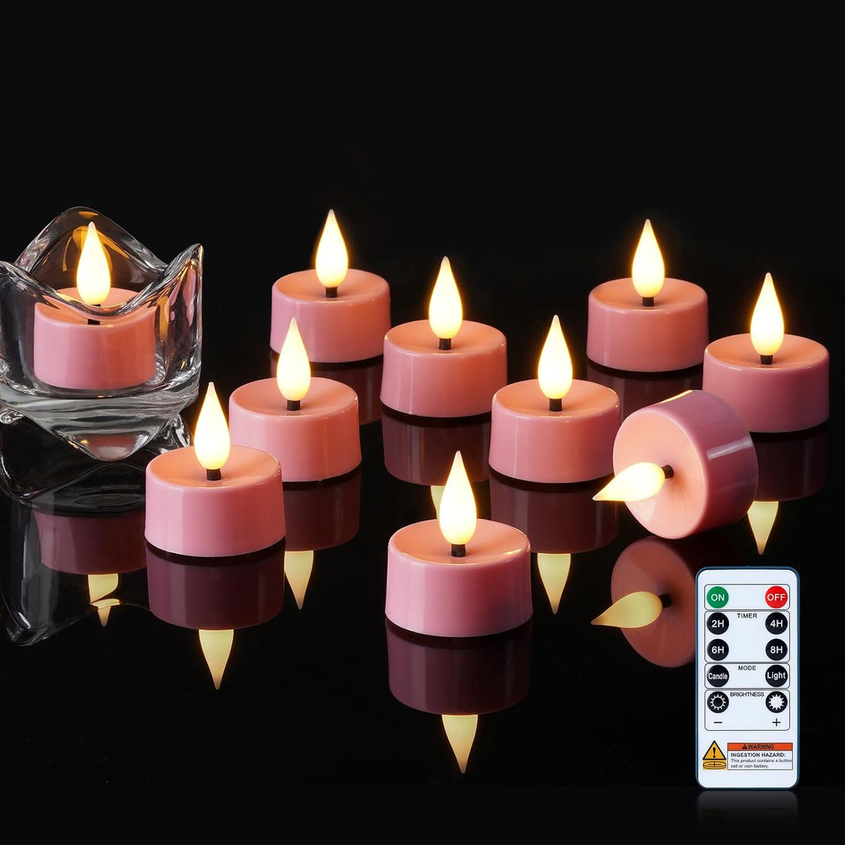Amagic Flameless Pink Timer Remote Tealights Candles, 3D Black Wick Flickering Tea Light, 400+Hour