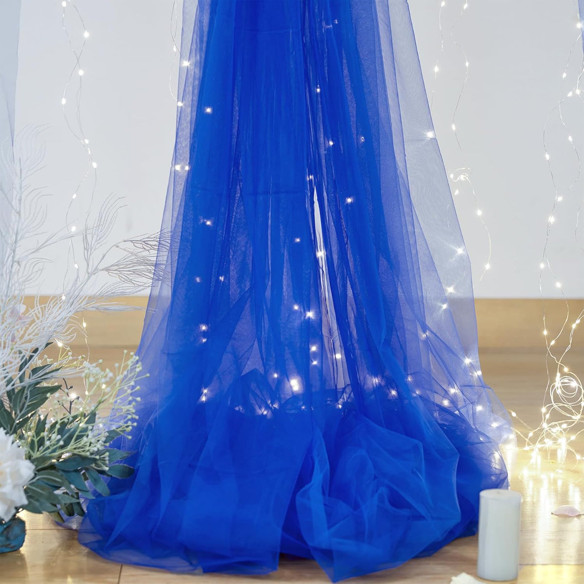 Royal Blue Backdrop Curtains with Lights String for Parites Wedding 10×8ft Sheer Tulle Backdrop