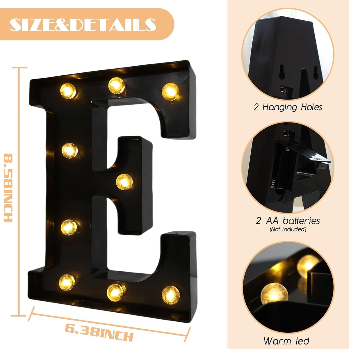 Led Marquee Letters, 8.58 Inch Black Light Up Letters, Small Led Letter Lights, Battery Powered