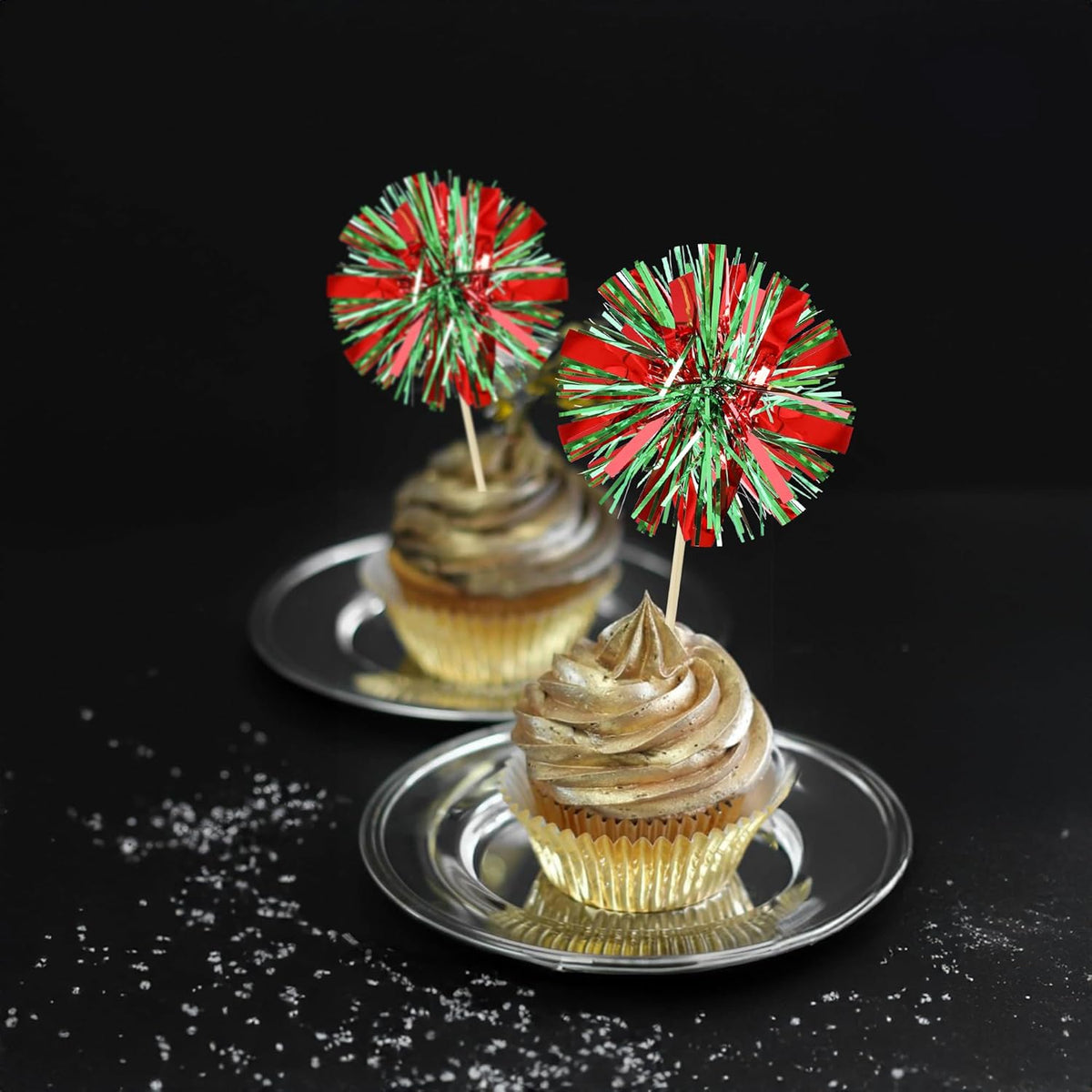 Ephlyn 30Pcs Foil Firework Cupcake Toppers Sparkle Tinsel Drink Birthday Cake Decorations Cocktail