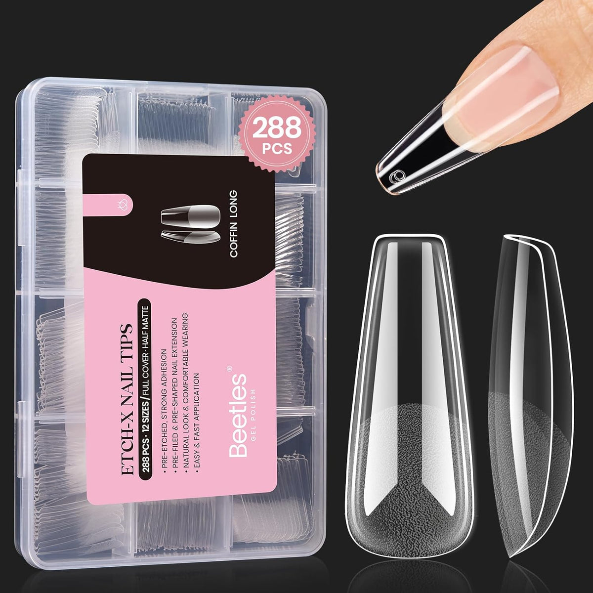 Beetles Coffin Long Gel Nail Tips –Pre-Etched Half Matte Full Cover, 288 Pieces, Pre-Shaped in 12