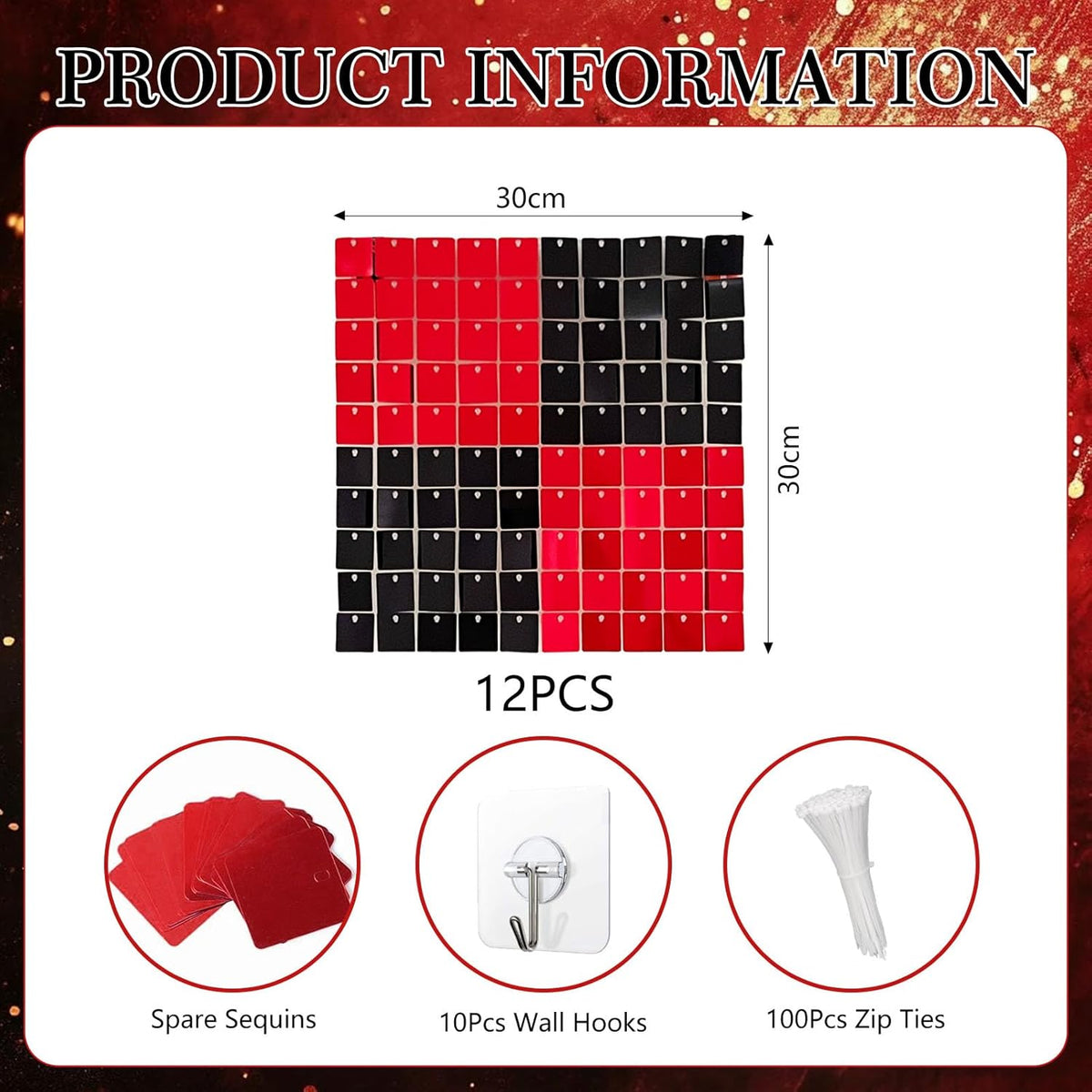 12PCS Black Red Shimmer Wall Backdrop, Square Sequin Photo Backdrops Panel, Glitter Wall Background