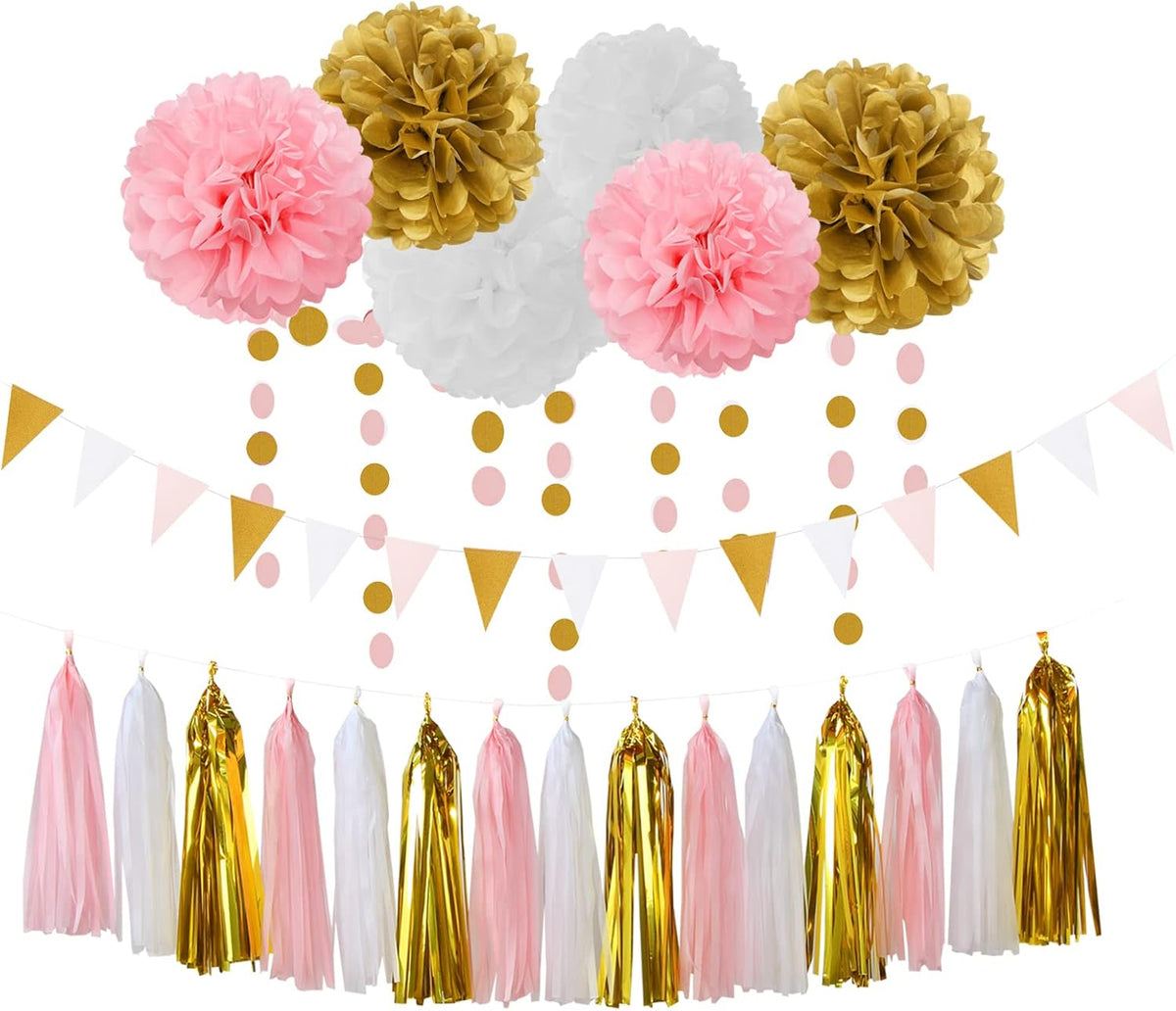 Pink-White Gold Girl Birthday Party-Decorations - 23pcs Kits Tissue Paper Pom Poms