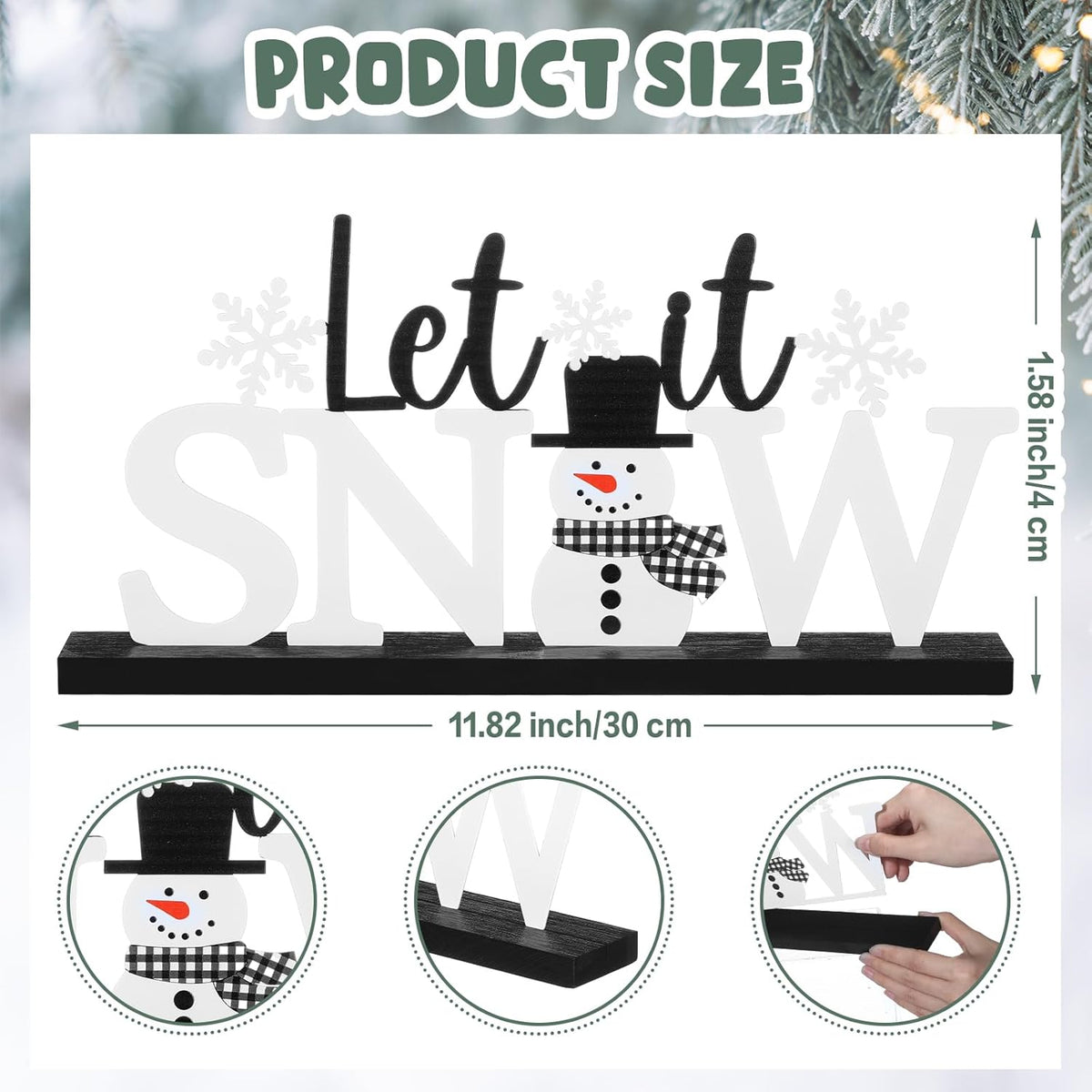 Winter Metal Sign Let It Snow Table Decor Christmas Tiered Tray Decor with Wooden Base Metal Black