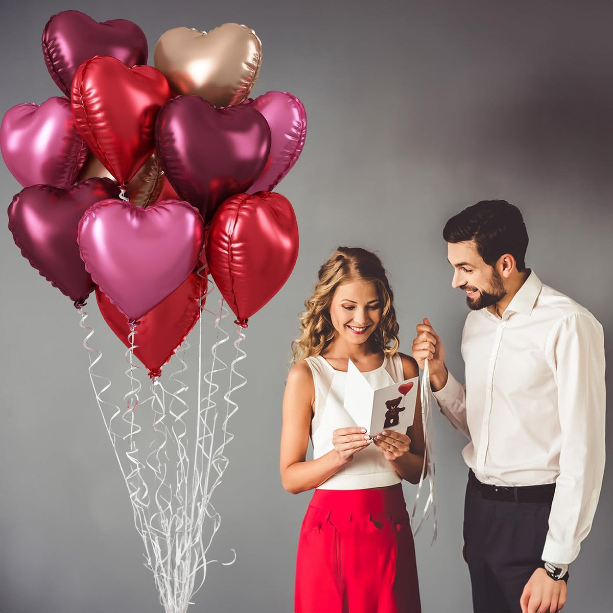 Wine Red Heart Balloons, 18 Inch 12 Pcs Burgundy Red and Pink Foil Heart Balloons Red and Rose Gold